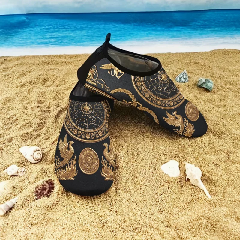1 Pair Unisex Retro Zodiac Embossed Sandals, Black Gold Luxury Slides, Griffin Phoenix Non-slip Soft Sole Beach Water Shoes