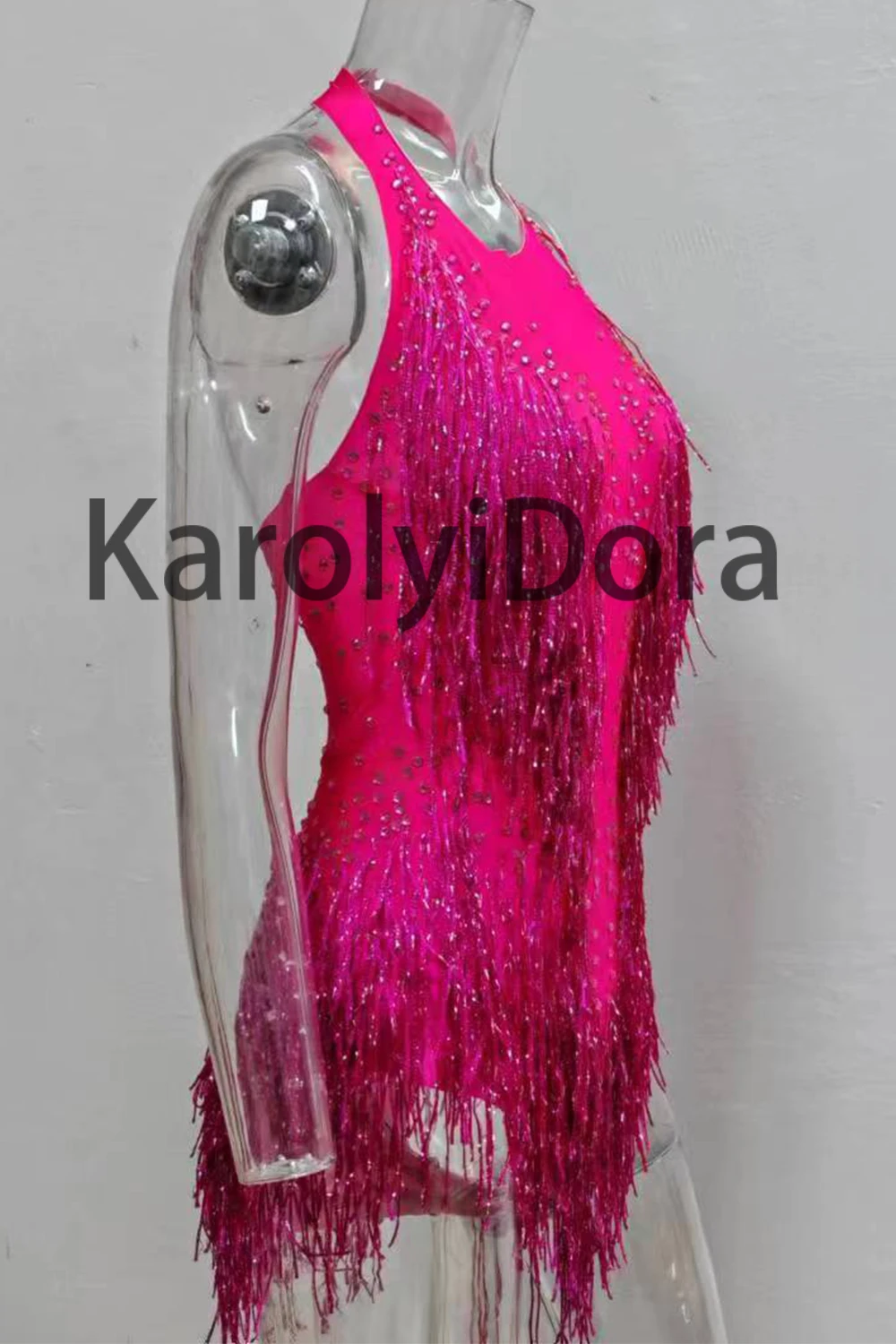 Rose Red Sparkly Crystals Fringes Bodysuit Sexy Tassel Jazz Dance Costume One-piece Stage Wear Dancer Performance Show Clothing