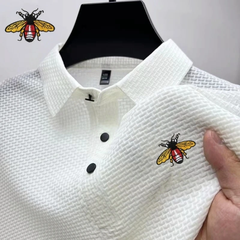 

New Men's High-quality Embroidered Silk Short Sleeved Polo Shirt for Summer Luxury, Fashion, Leisure, Breathable and Cool Top