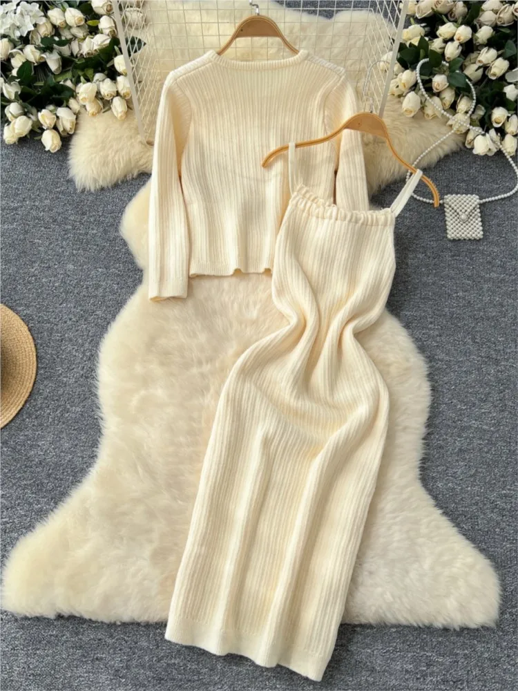 Women Cardigan Coat Knitted Midi Camisole Dresses Autumn Elegant 2-Piece Dress Set for Lady Slim Korean New Fashion Female Suits