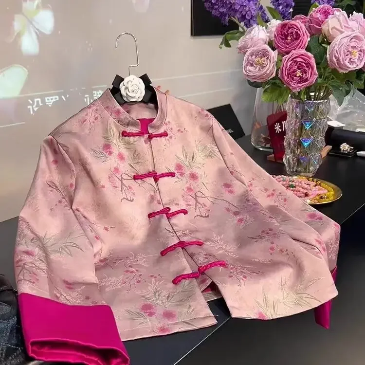 

New Chinese-style stand-up collar jacquard buckle shirt jacket 2024 early autumn new high-grade loose slim retro pink shirt