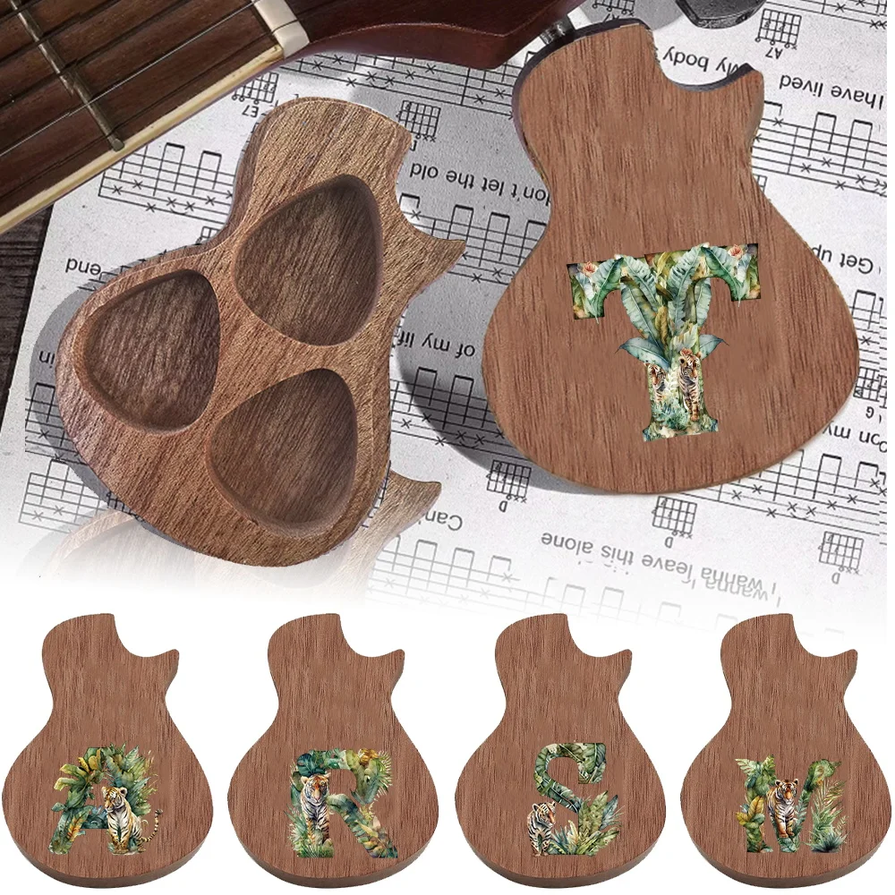 

1pc Wooden Guitar Picks Holder Jungle Tiger Letter Space-Saving Design Fits In Pocket Or Gig Bag Initial Name 26 Letters Pattern