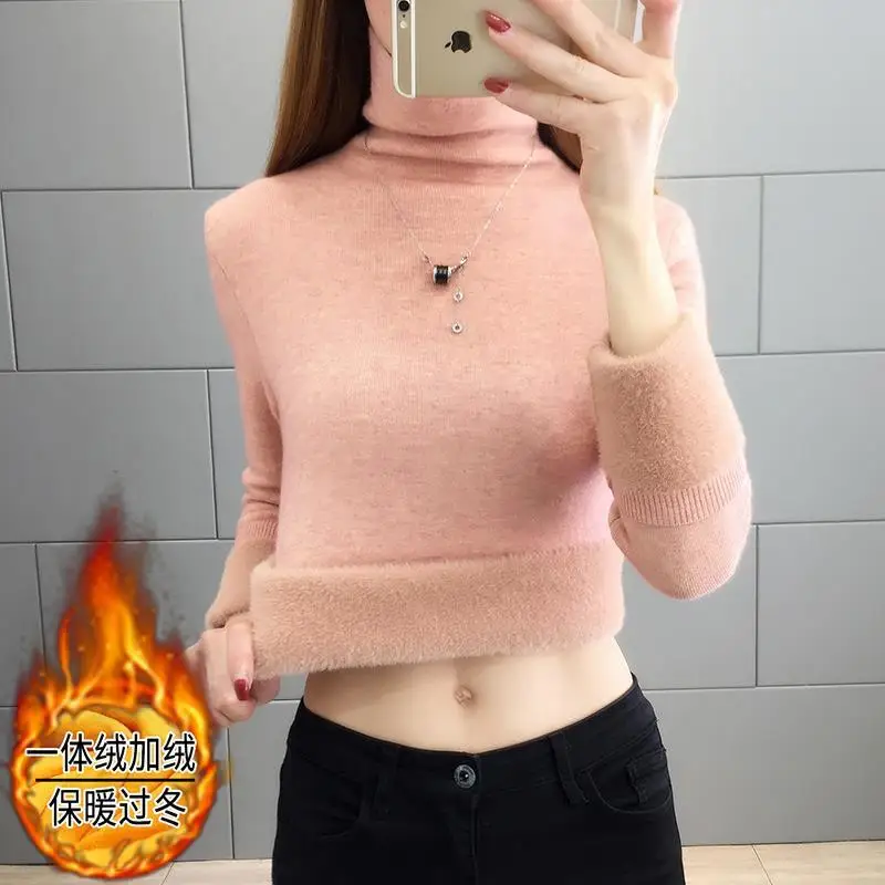 Turtleneck Winter Sweater Women Korean Fleece Lined Knitted Sueter  Soft Warm Long Sleeve Jersey Pullover Casual Knitwear Tops