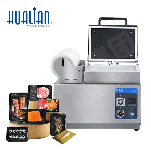 

HVT-240TS Hualian Small Food Meat Beef VSP Map Tray Sealer Vacuum Film Skin Thermoforming Packaging Sealing Machine Manufacturer
