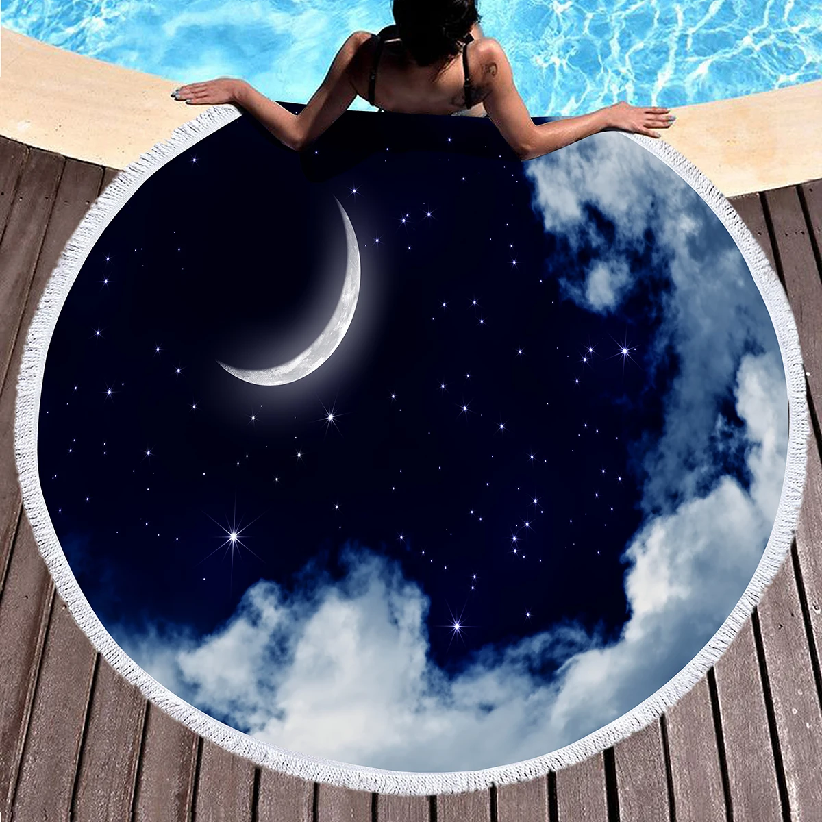 Oil Painting Round Beach Towel,Night Sky Star Moon Print Sand Resistant Beach Blanket,Absorbent Quick Dry Pool Towel Picnic Mat