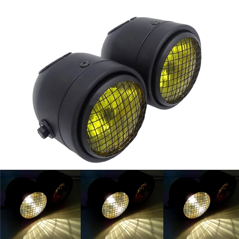 1 Pair Universal Black Grille Motorcycle Headlight Led 8.5 In Metal Front Twin Round Head Light Moto Bike Front Double Head Lamp