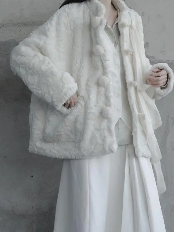 New Chinese Style Outerwear Women's Rabbit Fur Coat Cold Tone Improved Hanfu Tang Costume Zen Style Winter Fashion