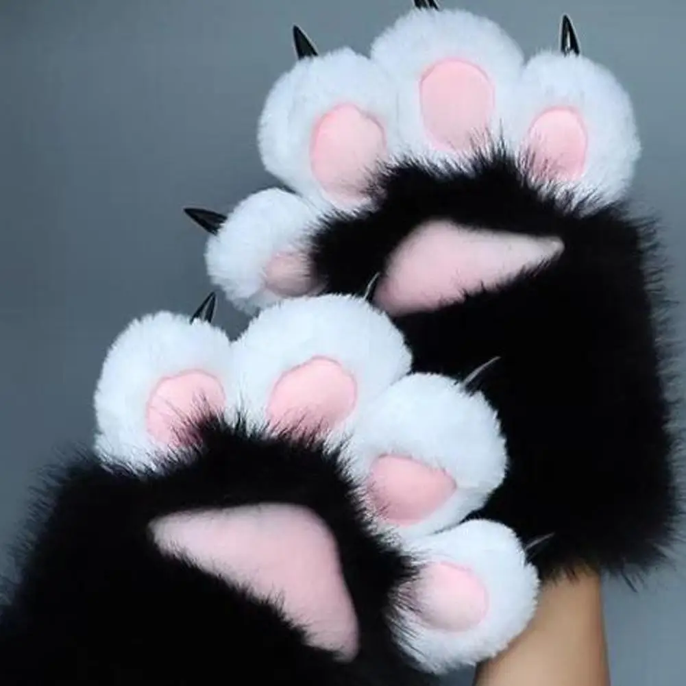 ถุงมือคอสเพลย์ขนปุยรูปอุ้งเท้าแมวสามสีสำหรับฤดูหนาว - ดีไซน์อุ้งเท้าสัตว์สำหรับสาวแมว พร้อมแผ่นเสียงบี๊บ อุปกรณ์เสริมสำหรับชุดแฟนซี