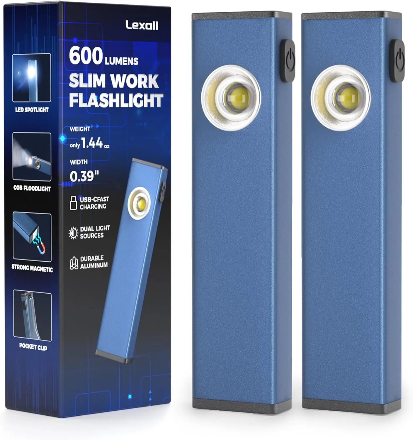 

2 Pack Rechargeable LED Flashlight, 600 Lumens, Magnetic COB Task Light with Pocket Clip, 3 Modes for Repair, Camping, Hiking, E