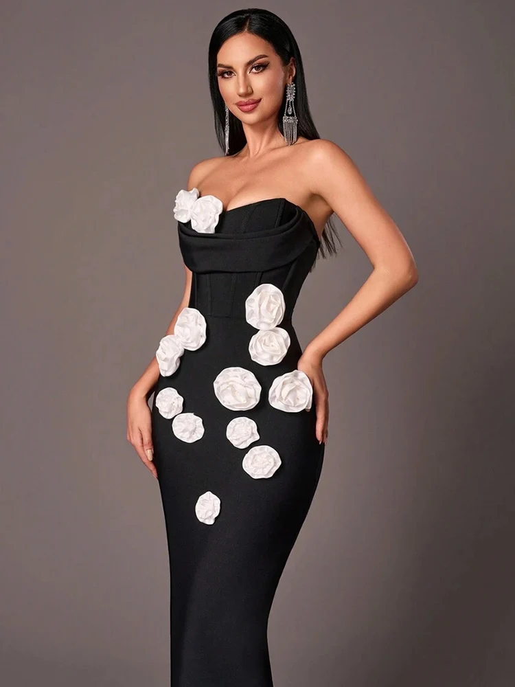 VC Black Strapless Structured White Flowers Bandage Long Dress Floral Corset Sleeveless Bodycon Party Evening Gowns Vestidos