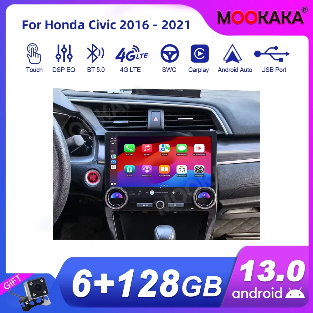 For Honda Civic 2016 - 2021 Car Radio Multimedia Player Wireless Carplay Android Auto Autoradio Stereo GPS Navigation WiFi 4G BT