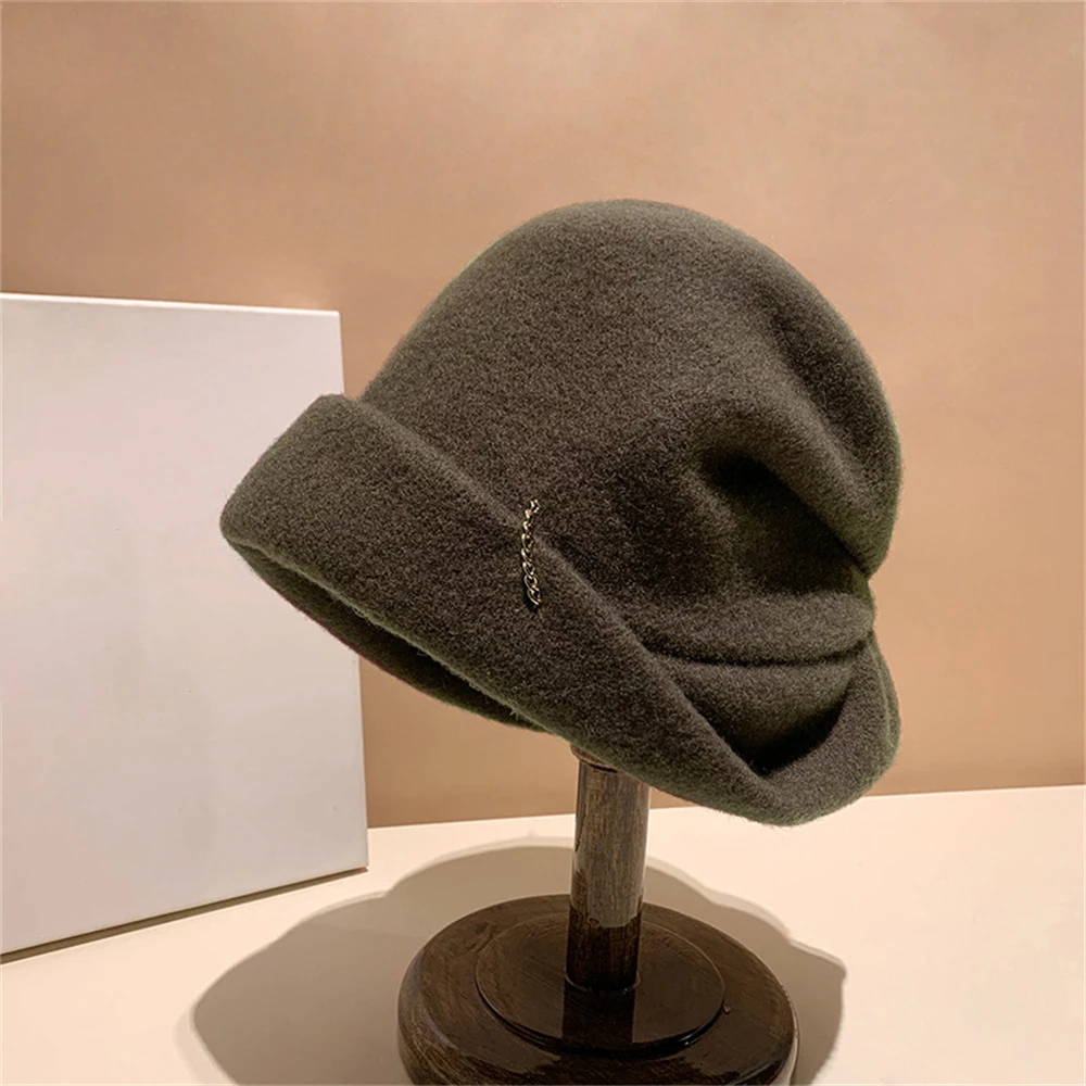 Japanese Korean Ladies Fashion All-match Wool Metal Chain Pile Hat Women Autumn Winter Leisure High-end Warm Fisherman Cap Gifts