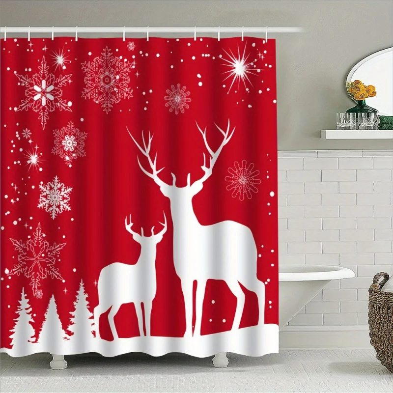 Festive Christmas Bath Shower Curtain: Large Snowflake Reindeer Print, Waterproof, Machine Washable