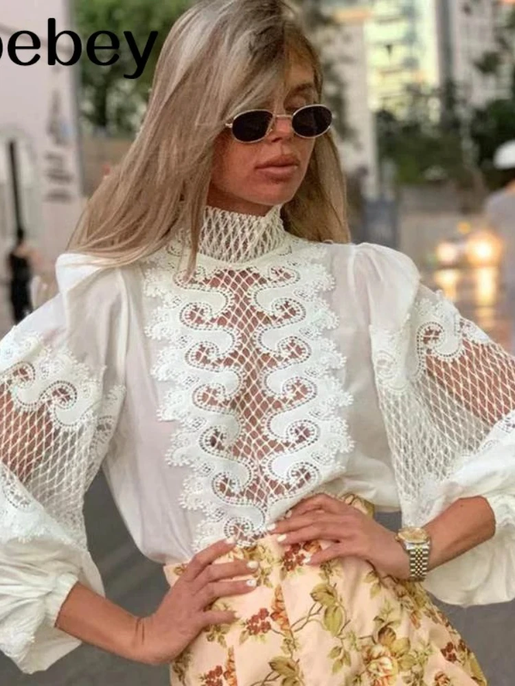 

Белая элегантная женская рубашка с вышивкой, шарф, воротник, рукав-фонарик, женские рубашки, одежда, осенняя мода, новинка