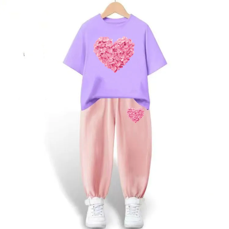 Children Clothing Sets Summer Baby Girls Flower Heart Short Sleeve T shirt+Pants 2pcs Suits Cotton Kids Clothes Outfits 3-14year