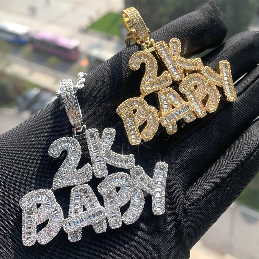 Full Paved 5A Cubic Zircon Pendants Necklace Gold Plated Bling Cz Custom 2000s 2k Baby Hip Hop Monogram Jewelry