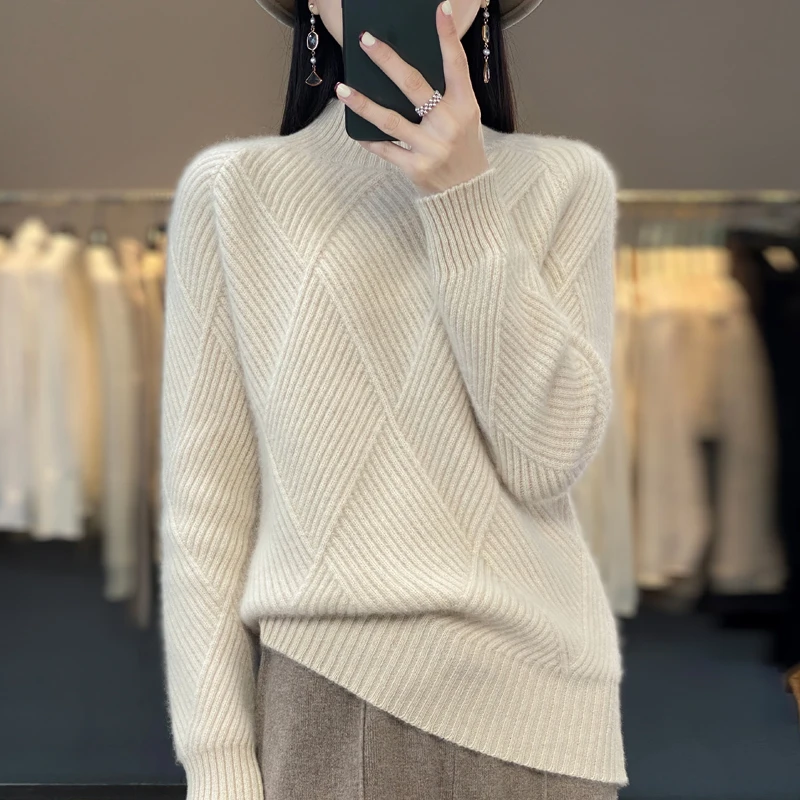 Pure Mountain Cashmere Sweater for Women, Pullover Sweater, Seven-Needle Mat, Semi-High Bottoming Shirt, Autumn and Winter