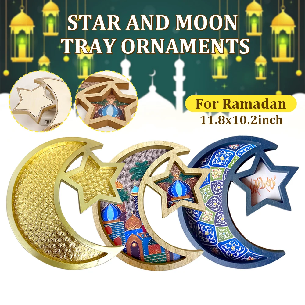 Eid Mubarak Moon Star Candy Dessert Tray Wooden Tray Cake Food Holder Plate Islamic Muslim Ramadan Kareem Home Party Decorations