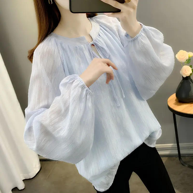 Stylish Solid Color O-Neck All-match Lace Up Chiffon Blouse Women\'s Clothing 2022 Autumn New Casual Pullovers Loose Sweet Shirt