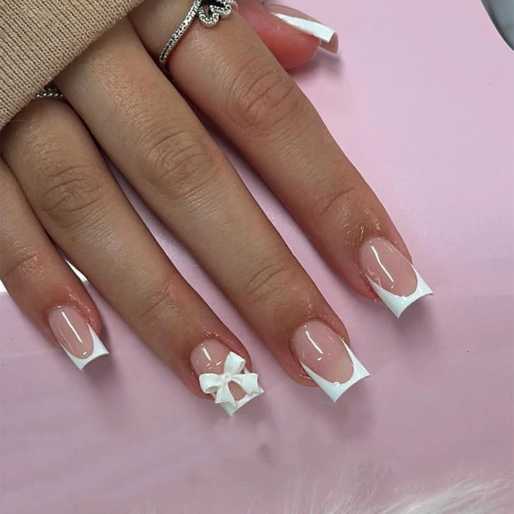 Uñas postizas de Ballet de 24 piezas, uñas largas a presión francesa con diamantes de imitación, diseño de lazo rosa, manicura de Cabeza Cuadrada