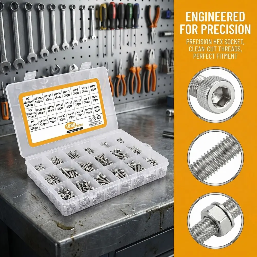 

1080 Pcs M 2 M 3 M 4 Hex Button Machine Screws Stainless Steel Hexagon Socket Metric Bolts Nuts Washers Kit Black Silver Durable