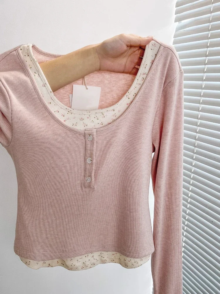 Y2k Clothes T Shirt For Women Spring Autumn Pink Print Floral Sweet Ropa De Mujer Korean Style 2 Pieces T-shirts