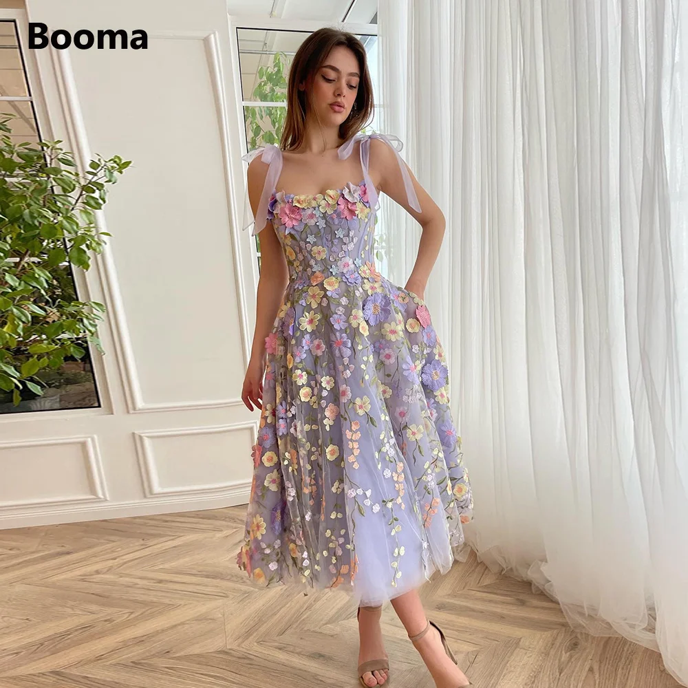 

Booma Lavender Floral Lace Midi Prom Dresses Bow Straps Flowers Tulle Tea-Length A-Line Evening Party Gowns Formal Event Dresses