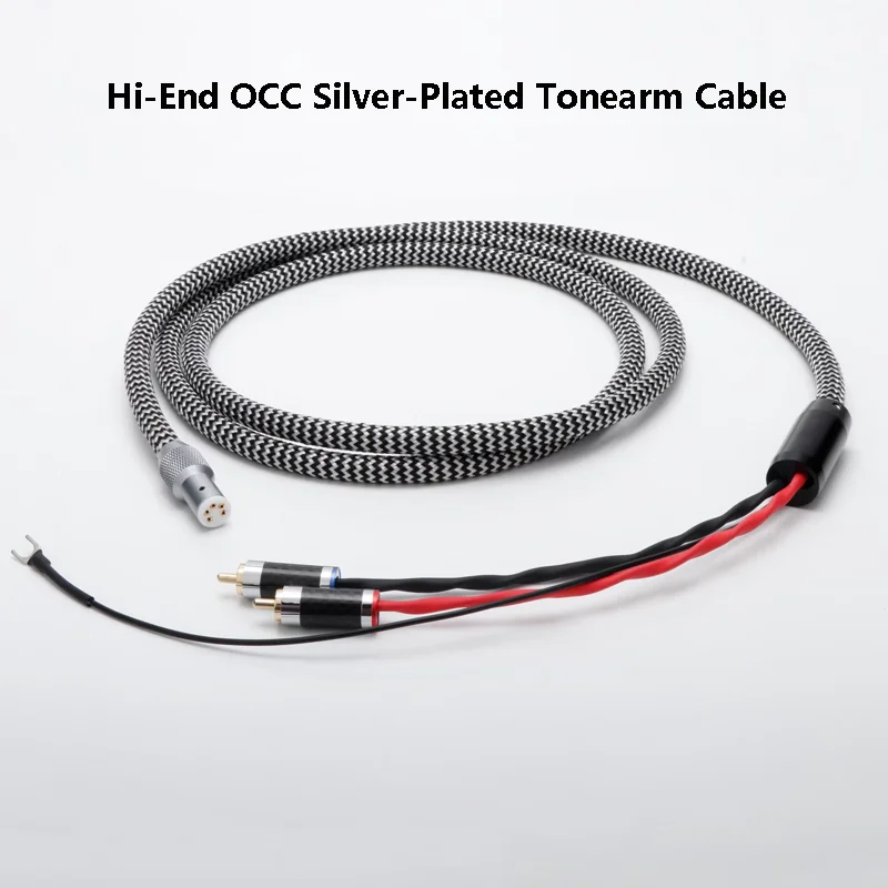 Hi-End OCC Silver-Plated Tonearm Cable with Carbon Fiber Gold-Plated RCA Plugs Ground Wire Included for Audiophile HiFi System