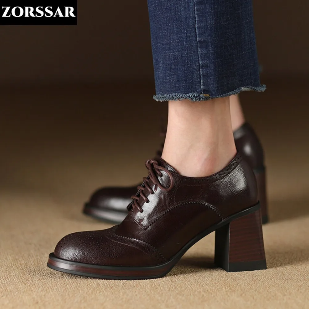 Nowe buty damskie Bare Boots High Heels Lace Up Dress Shoes Genuine Leather Office Lady Shoes Chunky Heel Oxford Shoes Brogue Shoe