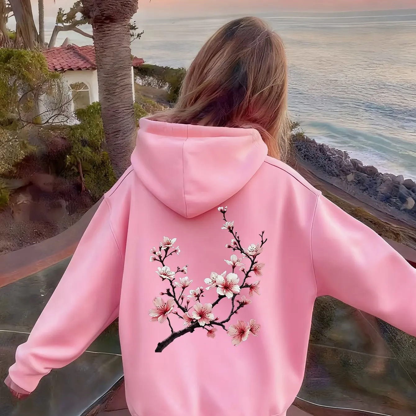 New autumn/winter Christmas style girls' hooded casual sweatshirt, fashionable and trendy cherry blossom branch print top.