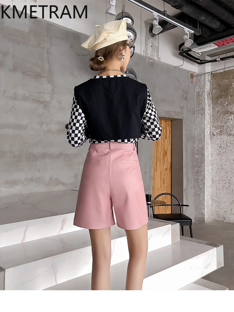 KMETRAM 100% طبقة علوية من سراويل النساء من جلد الغنم لخريف 2025 سراويل قصيرة من الجلد الطبيعي بأرجل واسعة بطول الركبة ملابس نسائية