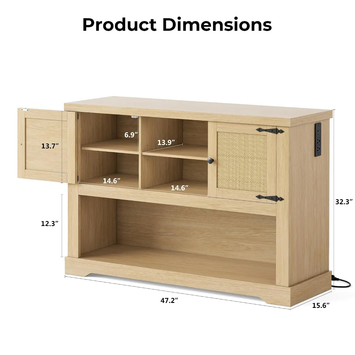 Rattan Console Table with Power Outlets & 2-Door Cabinet, Adjustable Shelves, Entry Living Room Hallway, 47.2
