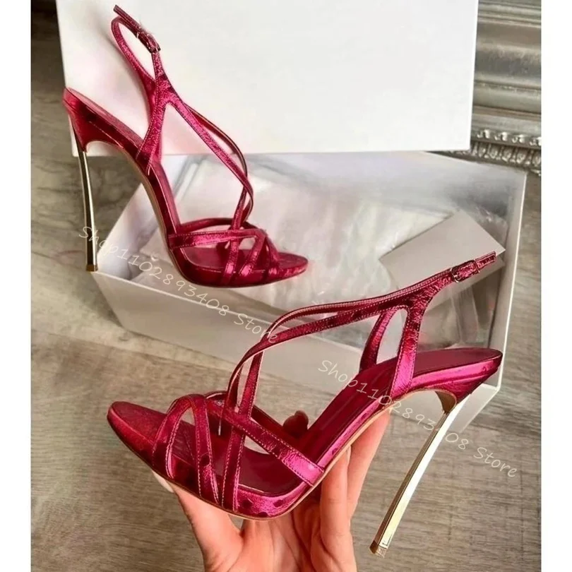 

Crimson Metal Heels Hollow Sandals Open Toe Ankle Buckle Shallow Solid Stiletto Women Summer Big Size Shoes Zapatos Para Mujere