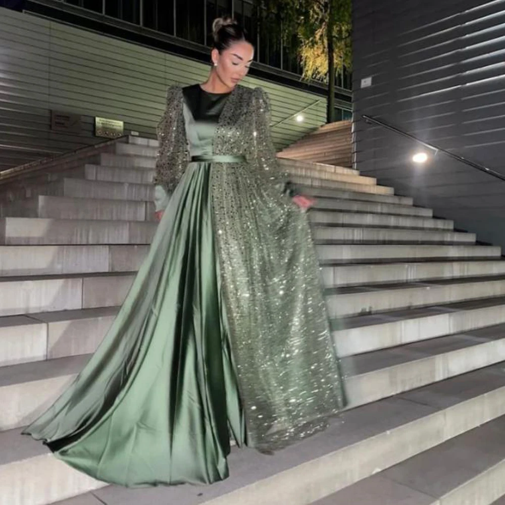 

Customized Vintage Muslim Evening Dresses O Neck Lantern Sleeve Islamic Formal Gown Splice Arabic Dubai vestidos de noche