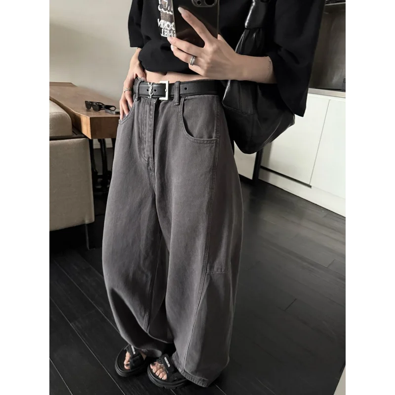 

Серые свободные повседневные брюки с широкими штанинами в американском стиле ретро, весенне-осенние женские джинсы-бананы