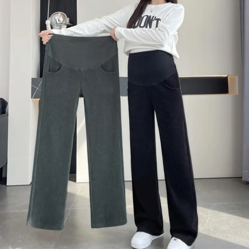 おしゃれなマタニティパンツ：春-秋スタイルのお腹を支えるプラスサイズワイドレッグカジュアルマタニティパンツ