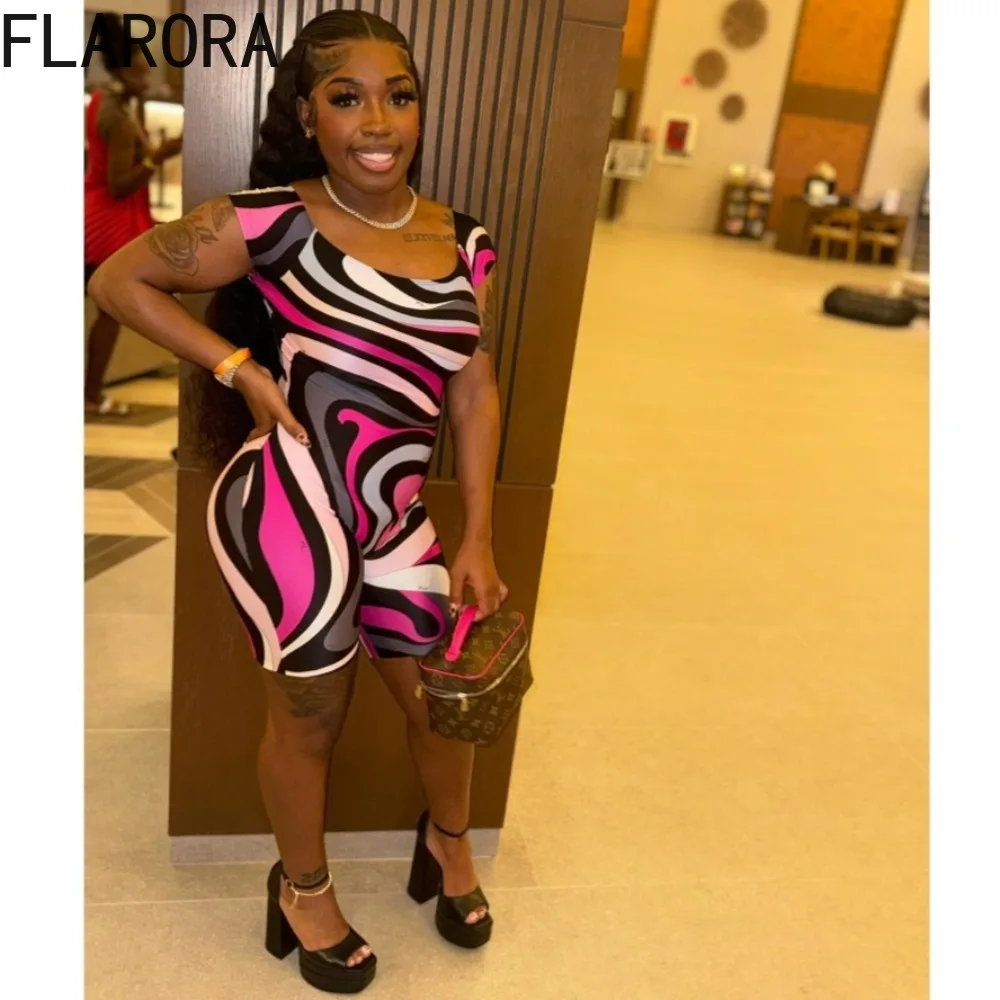 FLARORA Sexy Striped Printed Slim Rompers Woman Round Neck Short Sleeve One Piece Playsuits Summer Female Street Jumpsuit Shorts