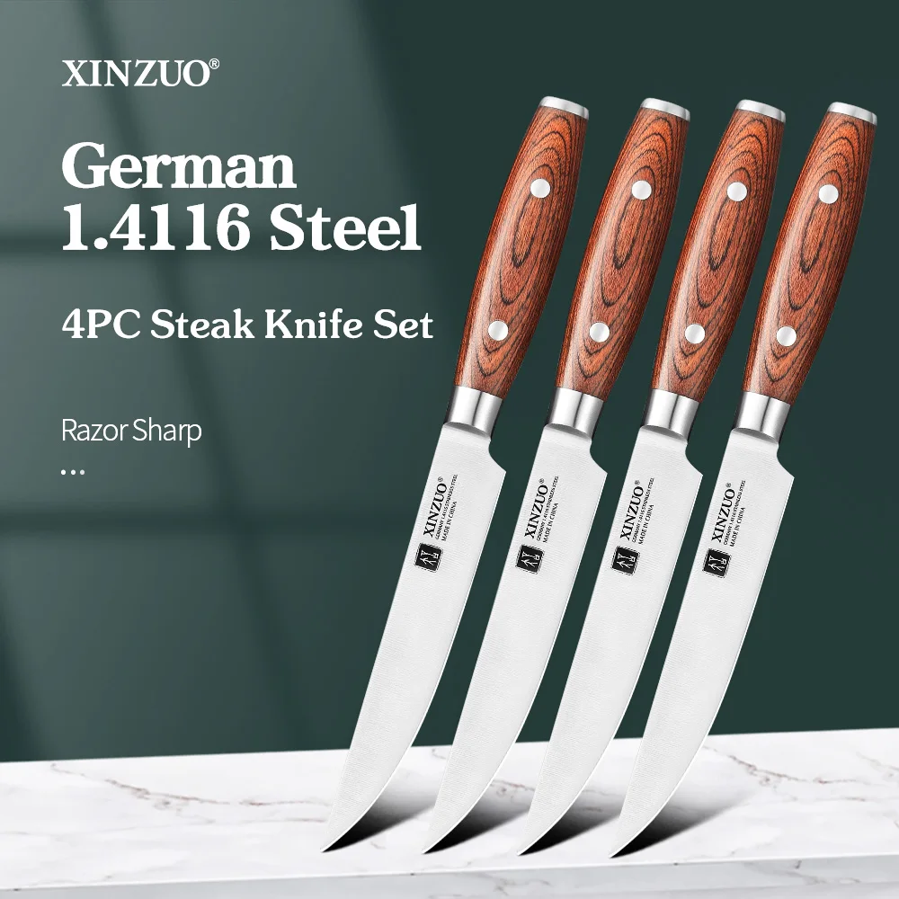 XINZUO Stainless Steel 5\'\' Steak Knife 1PC/4PCS Pakka Wood Handle Cutting Cooked Food Long-lasting Sharp Blades Classic Design