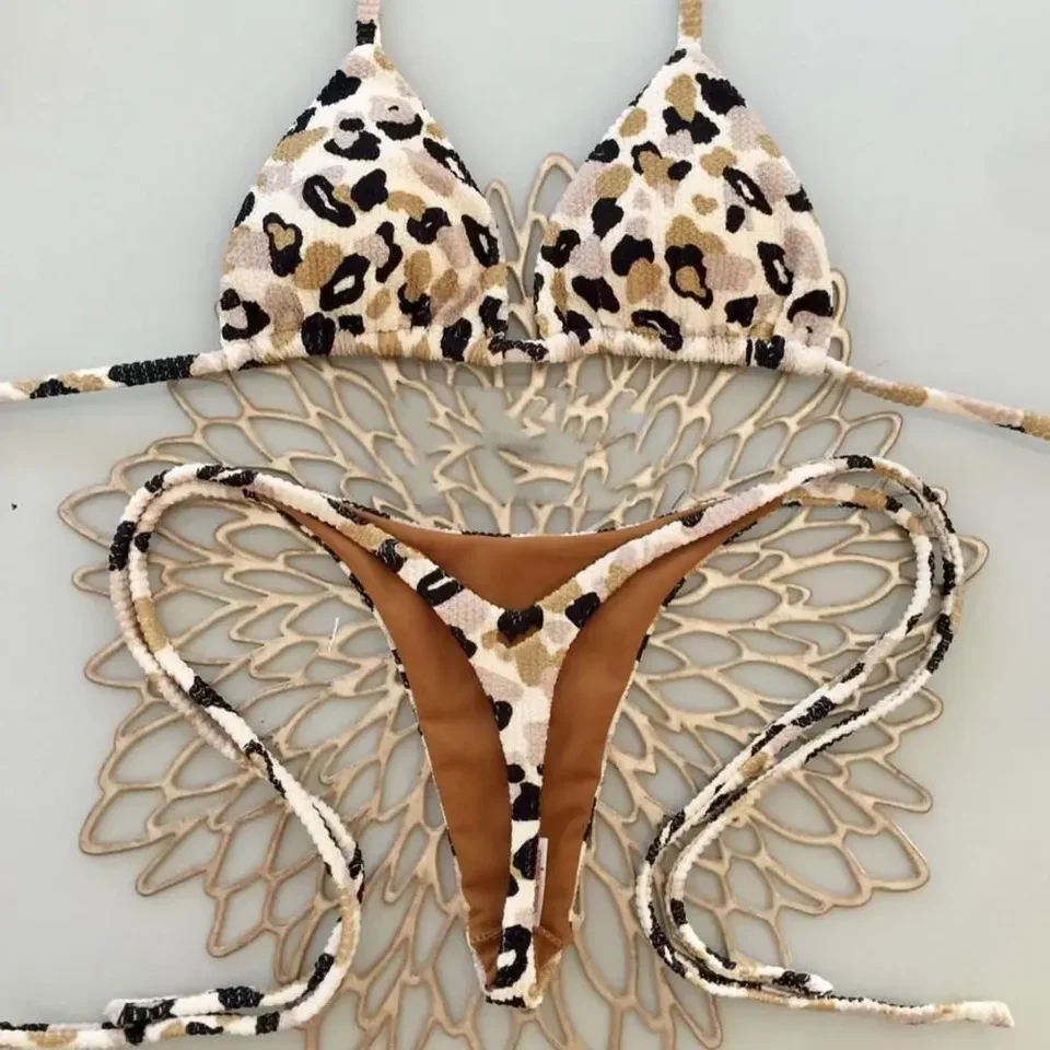 

Lace-up Bikini Leopard Print Halter Bikini Set Cherry Print Thong Swimsuit Sexy High Waist Lace-up Bathing Suit for Women