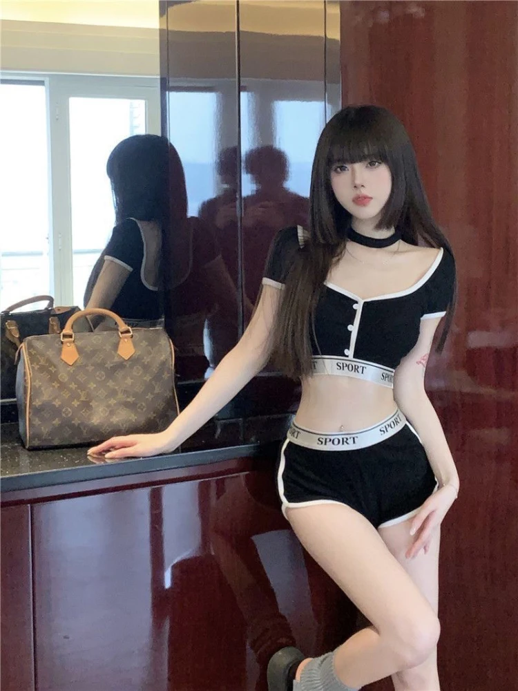 KING BRAND Women's Short Sleeve T-Shirt And High Waist Yoga Shorts Set Letter Color Block Casual Wear Outerwear Spring 2025