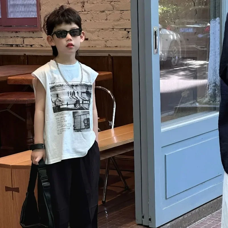 

Children Clothing Cotton Comfortable Vest 2024 Summer New Korean Boys Fashion All Matching Printed Vest Loose and Breathable Top