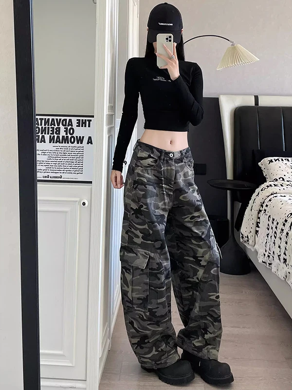 미국 레트로 카모플라주 와이드 레그 진 하이웨이스트 루즈핏 여성용 가을 스트레이트 컷 바지 캐주얼 슬릿 디테일
