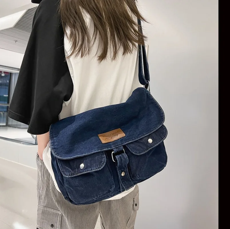 Xiuya Denim Vintage Shoulder Bags for Women Japanese Fashion College Style Mens Messenger Bag Multi-functional Designer Handbag