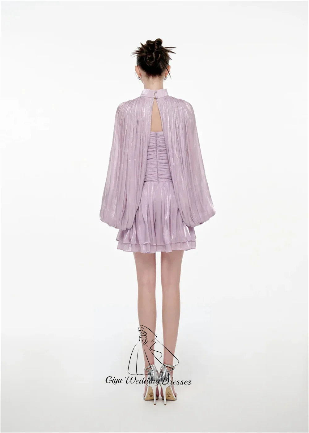 Giyu Shining Light Purple Pleat Mini Cocktail Dress High Neck lantern Sleeve Prom Gown Customized Back Zipper Graduation Dress