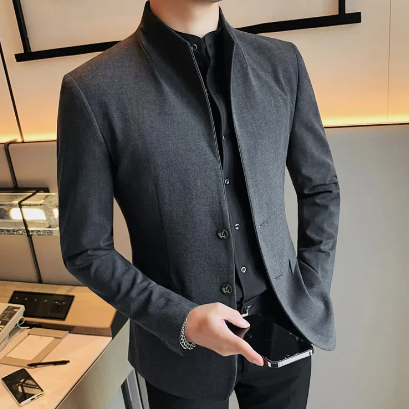 Chaqueta de traje de cuello alto de estilo chino para hombre, blazer de negocios informal ajustado, abrigo de vestido de novio de boda, otoño