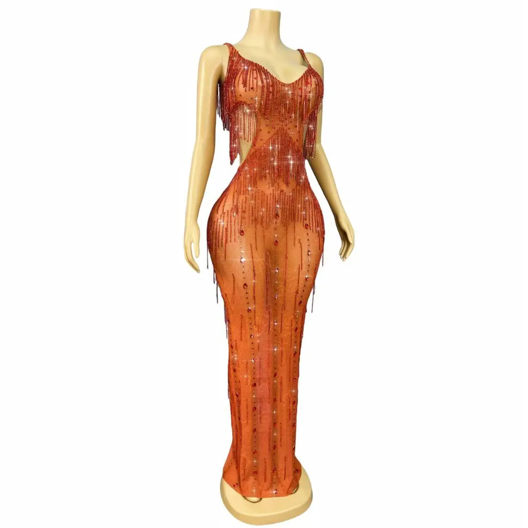 Vestidos de fiesta rojos de lujo para mujer, vestido de fiesta de noche elástico de una pieza con borlas y diamantes de imitación recortados, largo y suave