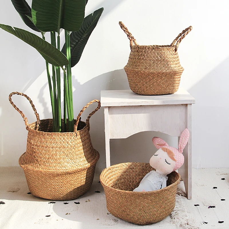 Storage Baskets Straw Wicker Rattan Hanging Flowerpot Seagrass Folding Laundry Clthoes Baskets Garden Plant Basket Home Decor