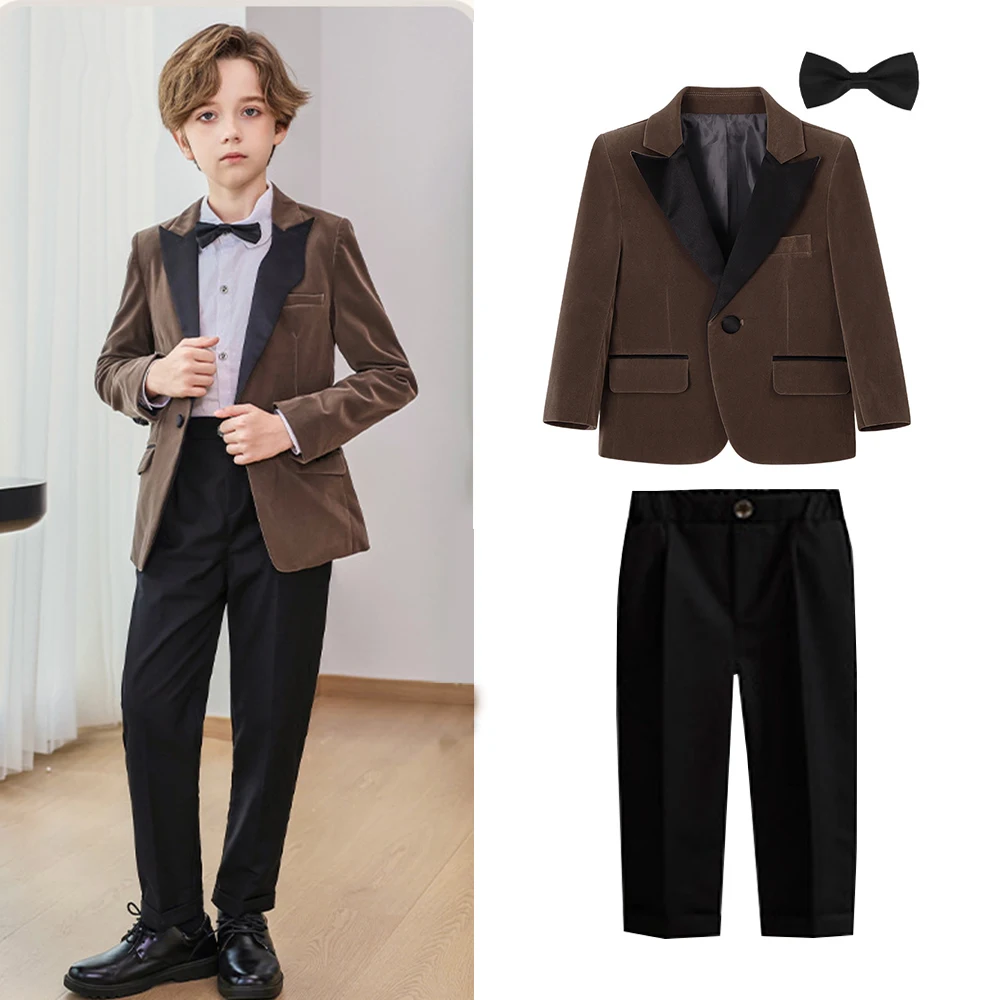 

Formal Occasion Wedding Tuxedos Jacket+Pants+Bow Tie 3PCS Velvet Blazer Set for Kids Boy Children Clothing Autumn Satin Lapel