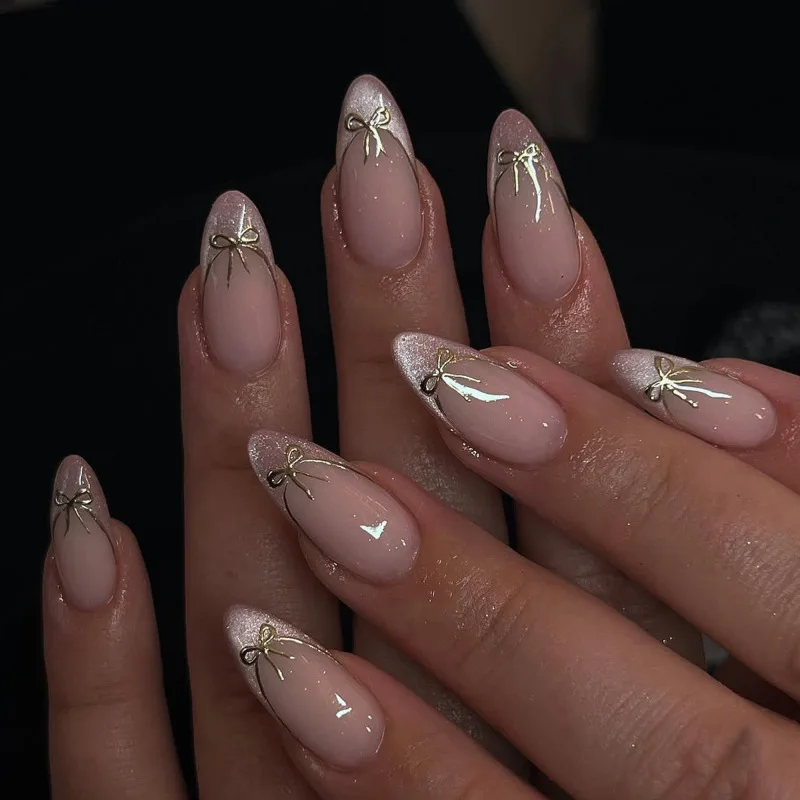 

24pcs Glitter Cat's Eye False Nails Detachable French Almond Pink Fake Nail Tips Finished with Bow Design Simple Press on Nails