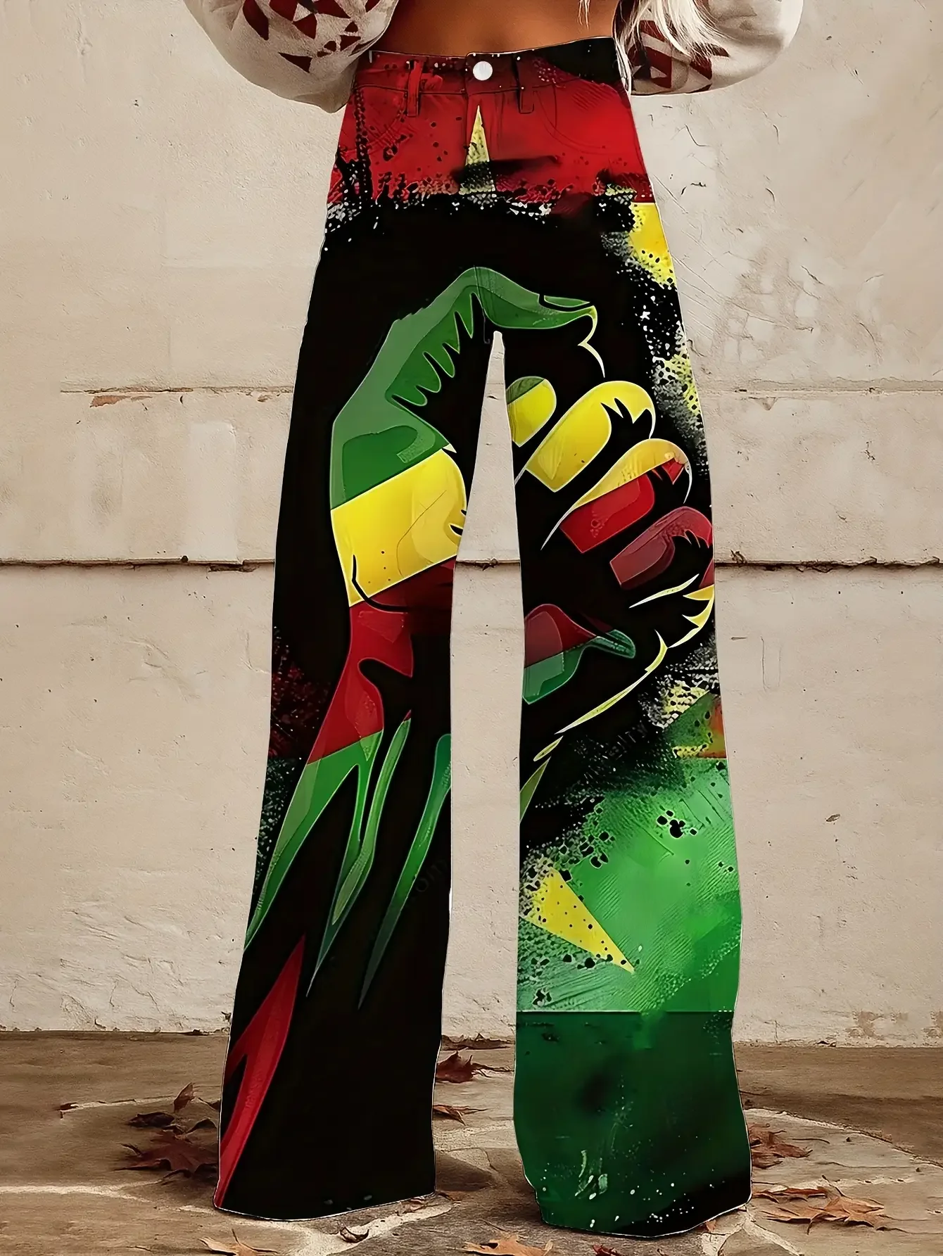 1 pair of women's denim high waisted loose flared pants, casual retro style,